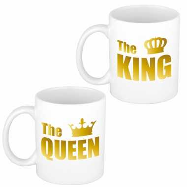 Cadeauset van gouden king en queen mokken/bekers 300 ml