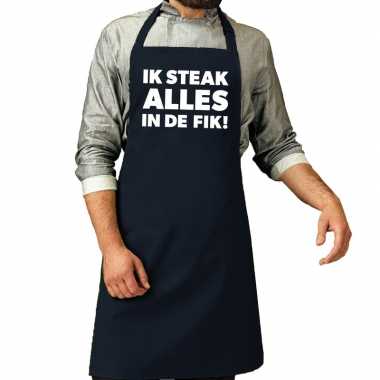 Ik steak alles in de fik! barbeque schort / keukenschort navy vo