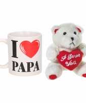 Vaderdag cadeau i love papa beker mok 300 ml met beige knuffelbeertje met love hartje